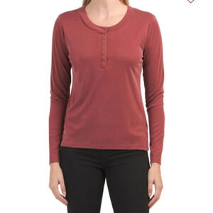 Lucky Brand Long Sleeve Ribbed Snap Henley Top in Red Size Small